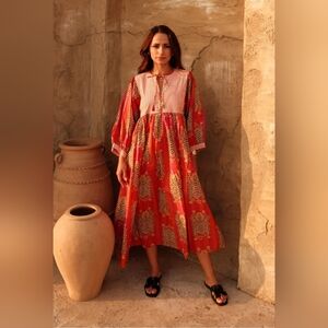 Red Printed Midi Dress with Striped Yoke